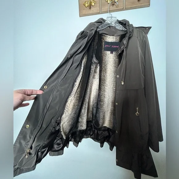 Betsey Johnson Brown Ruffle Edge Coat Size XS *missing hood button - Picture 5 of 16